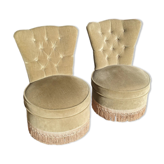 Duo de fauteuils crapauds capitonnés vert vintage