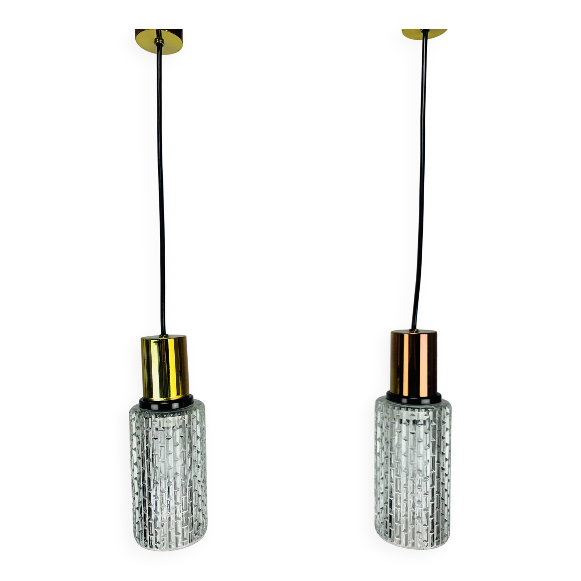 Pair of vintage cut glass pendant lights from the 1970s.