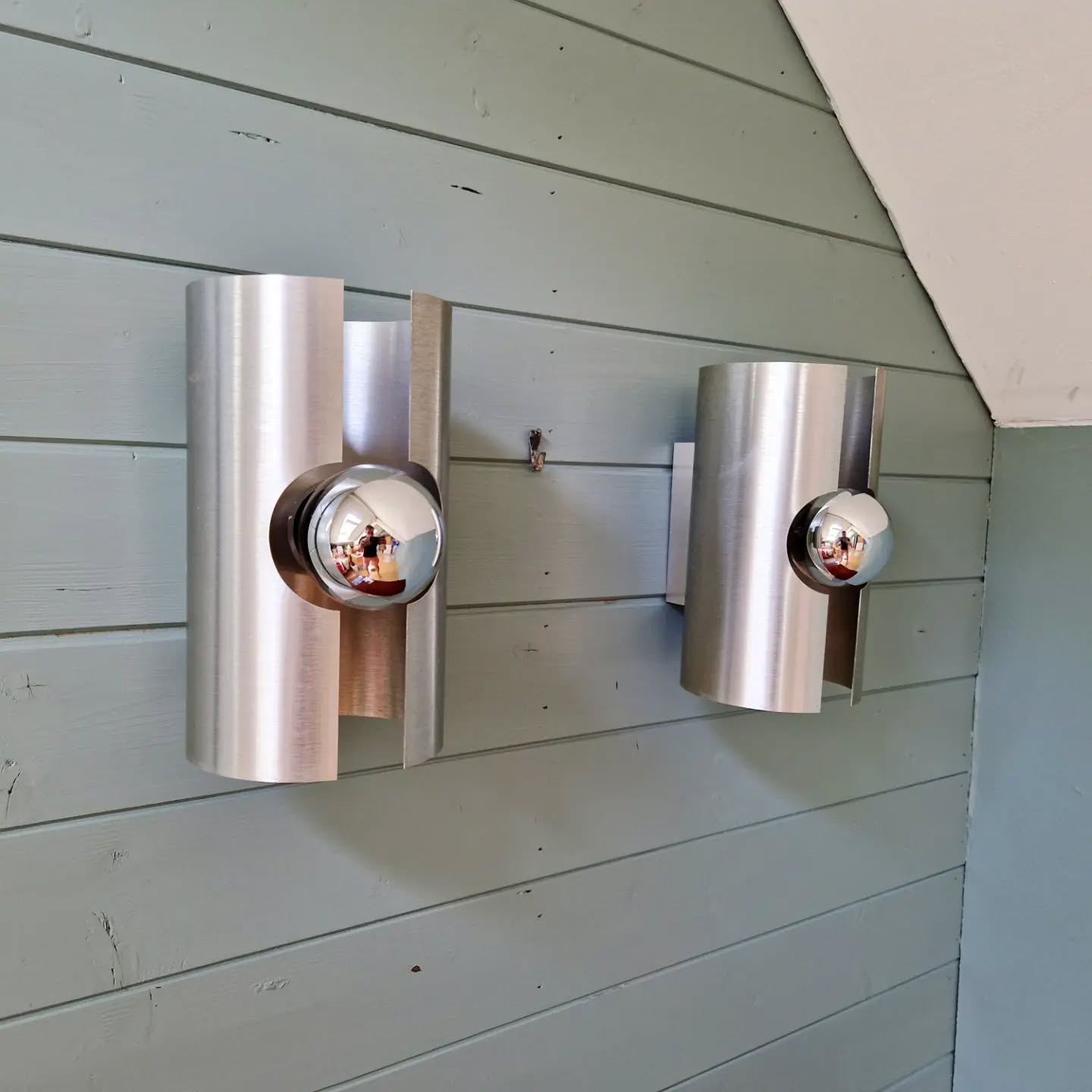 Pair of Space Age wall sconces in brushed aluminium, 1970.