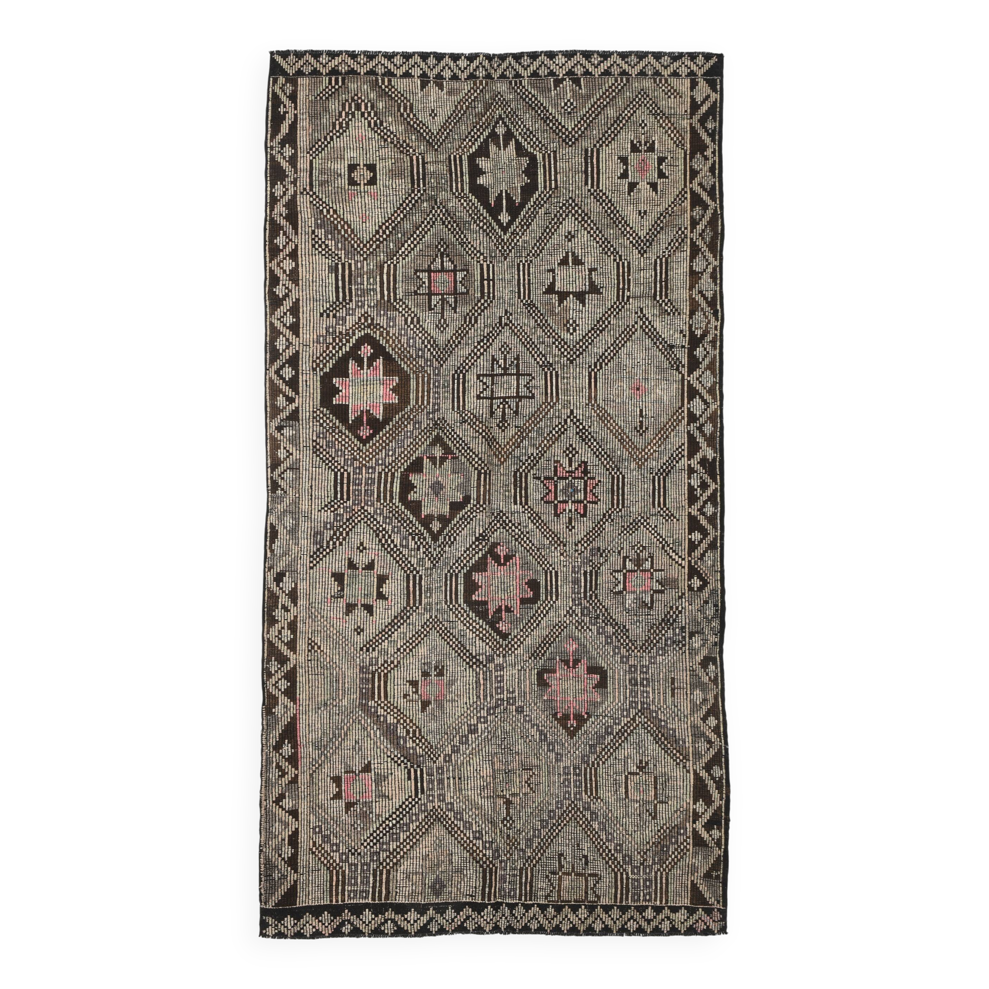 5x9 Cream Brown Handmade Kilim Rug, 151x286Cm