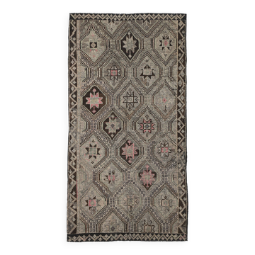 5x9 Cream Brown Handmade Kilim Rug, 151x286Cm