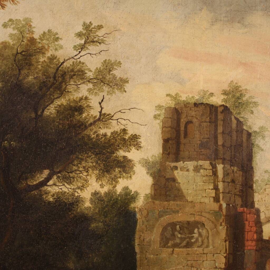 Antique French Oil On Canvas Landscape Painting From The 18th Century
