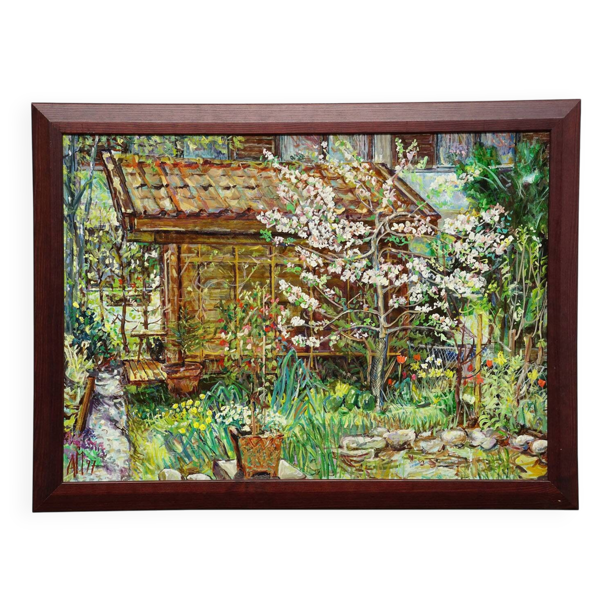 Garden with flowering apple tree – oil painting by Alexander Michael, 1997