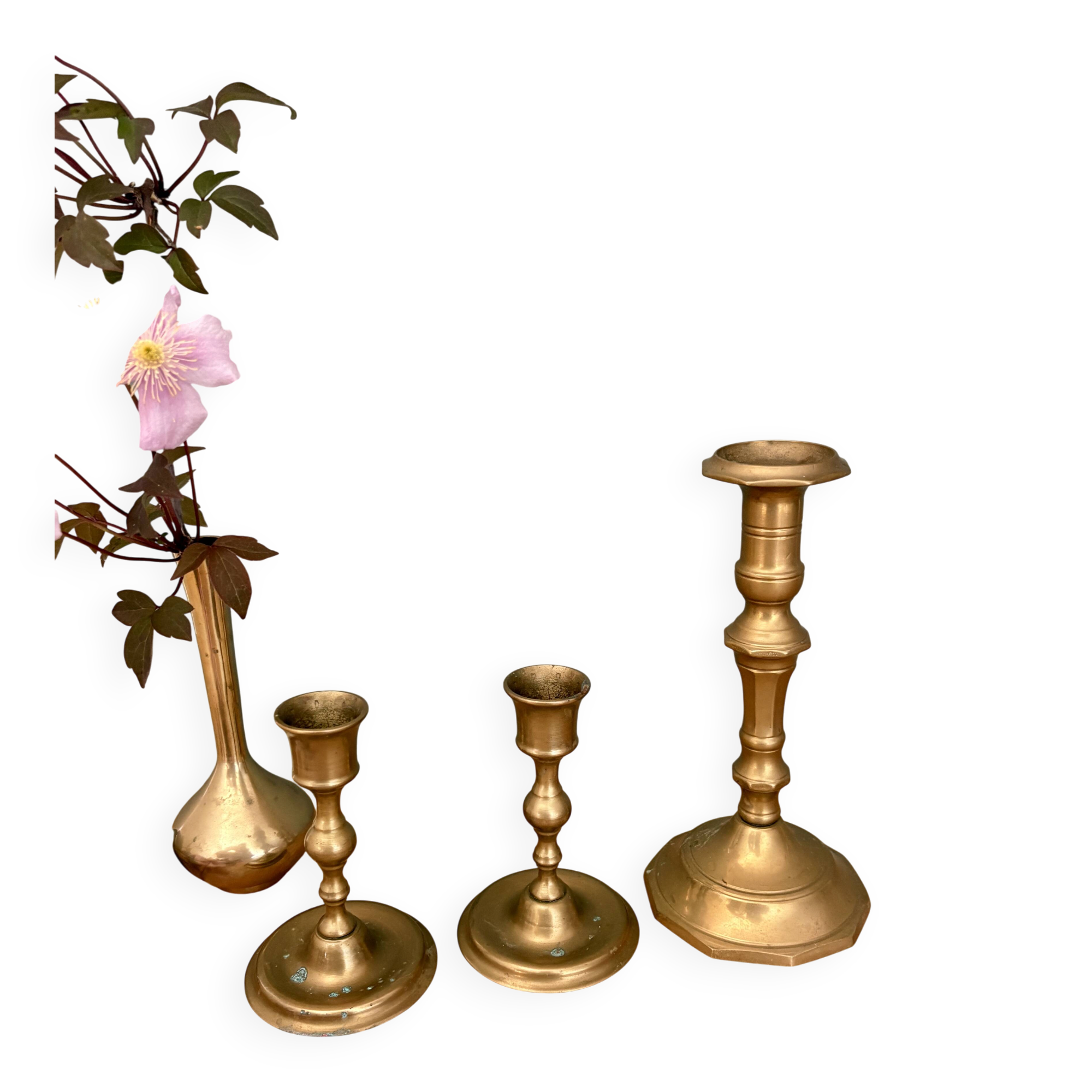 Set of 3 antique brass candle holders/candelabra.