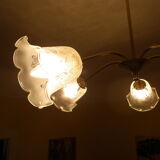 Gilded metal chandelier, 5 branches, opaque glass cupola - 60s/70s