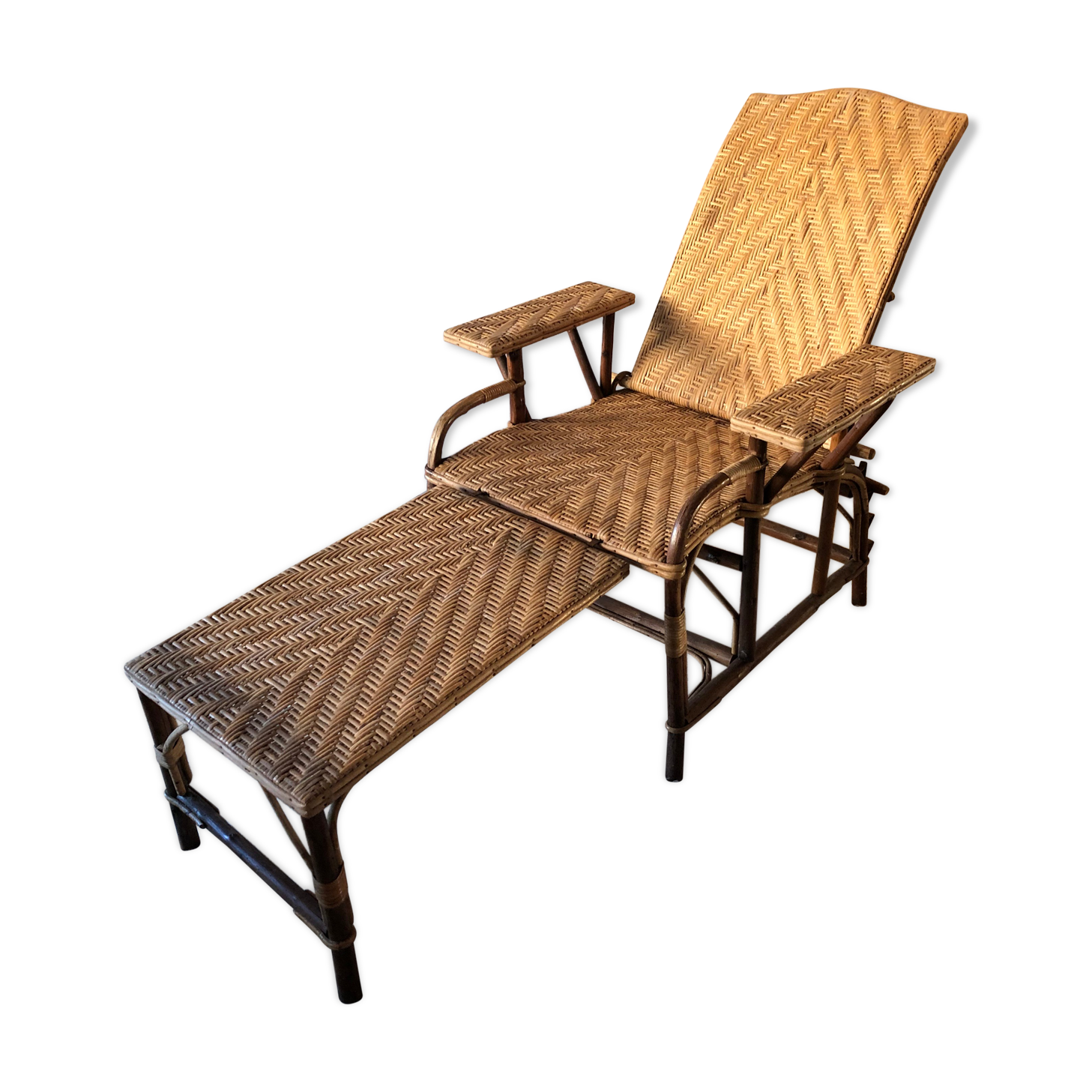 Bamboo and vintage rattan long chair, 40s/50s