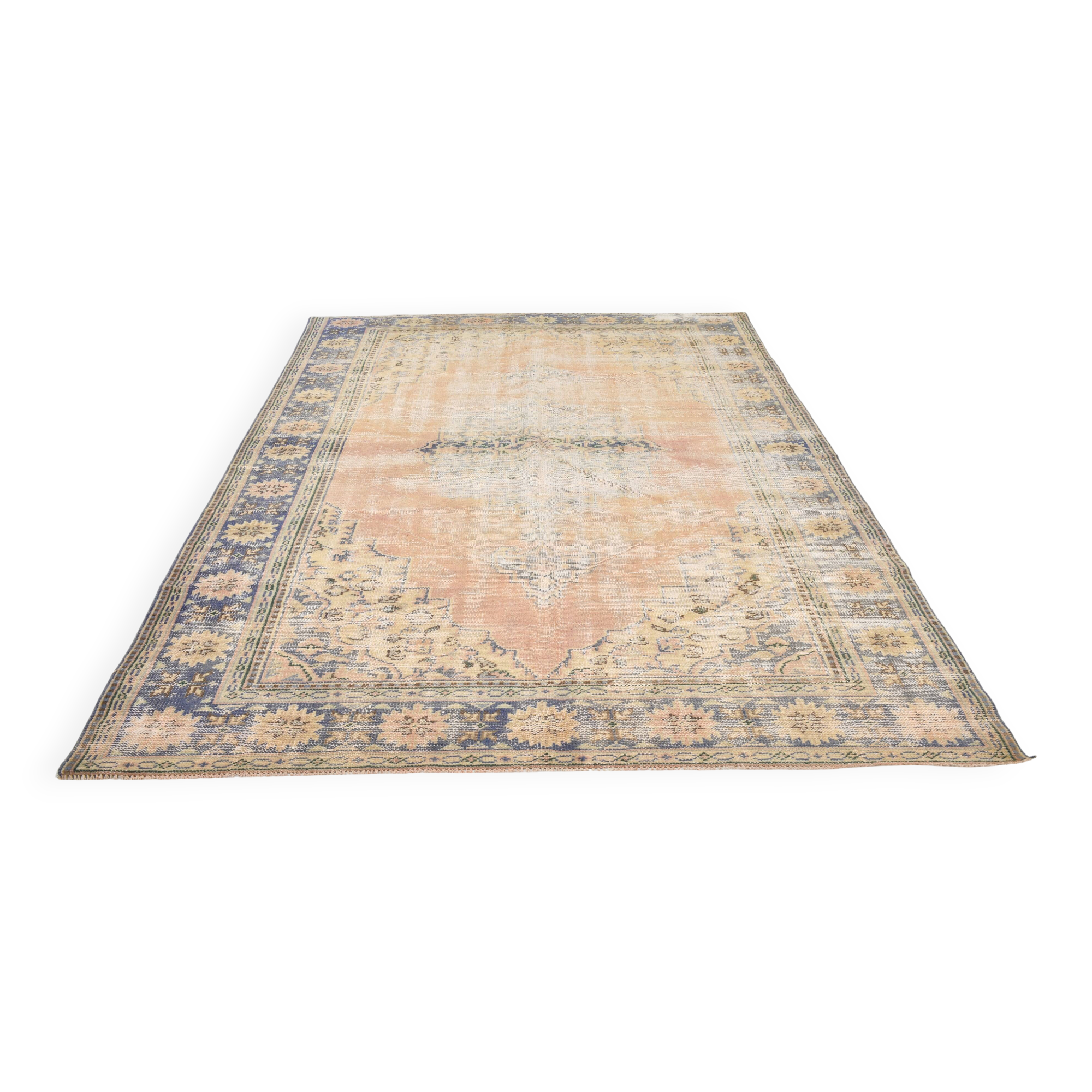 Grand Tapis Oushak Vintage, Laine Fait Main, Pêche et Bleu, 194x267 Cm