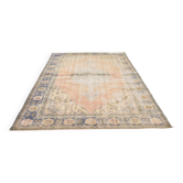 Grand Tapis Oushak Vintage, Laine Fait Main, Pêche et Bleu, 194x267 Cm