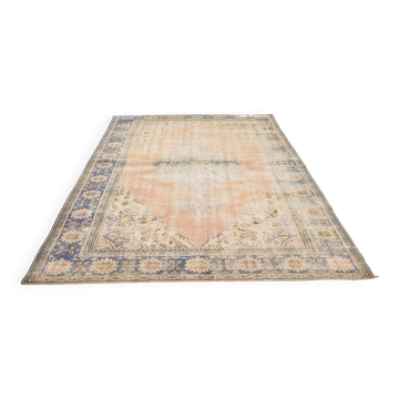Grand Tapis Oushak Vintage, Laine Fait Main, Pêche et Bleu, 194x267 Cm