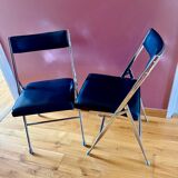 Black faux leather folding chairs with chrome steel, vintage 70s.