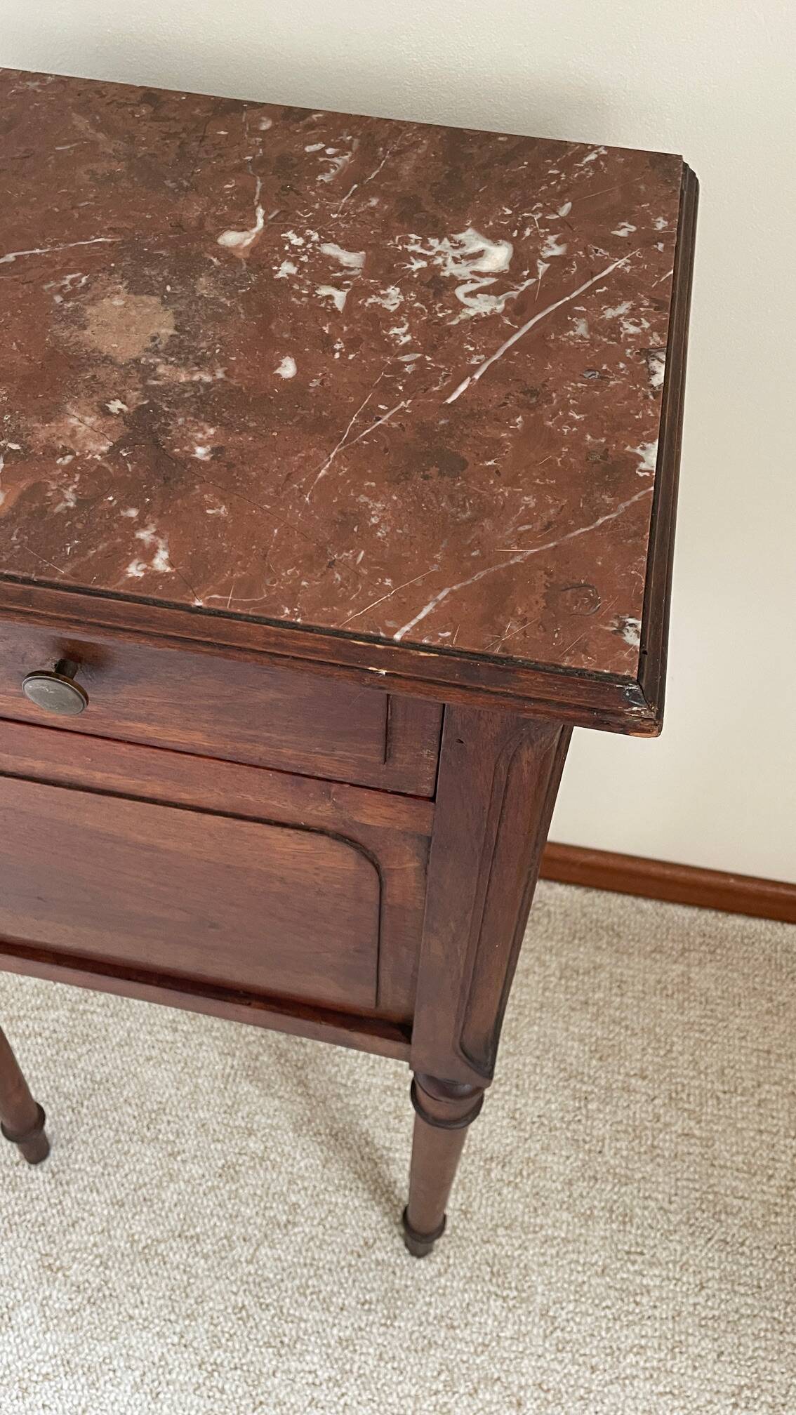 Antique bedside table in wood and marble