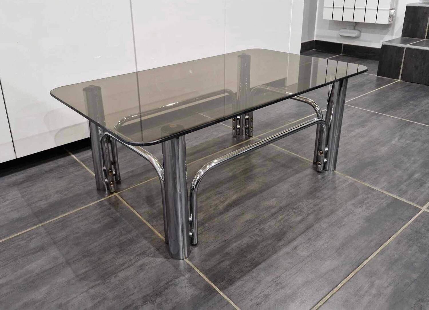 Vintage coffee table chrome metal and smoked glass 1970s