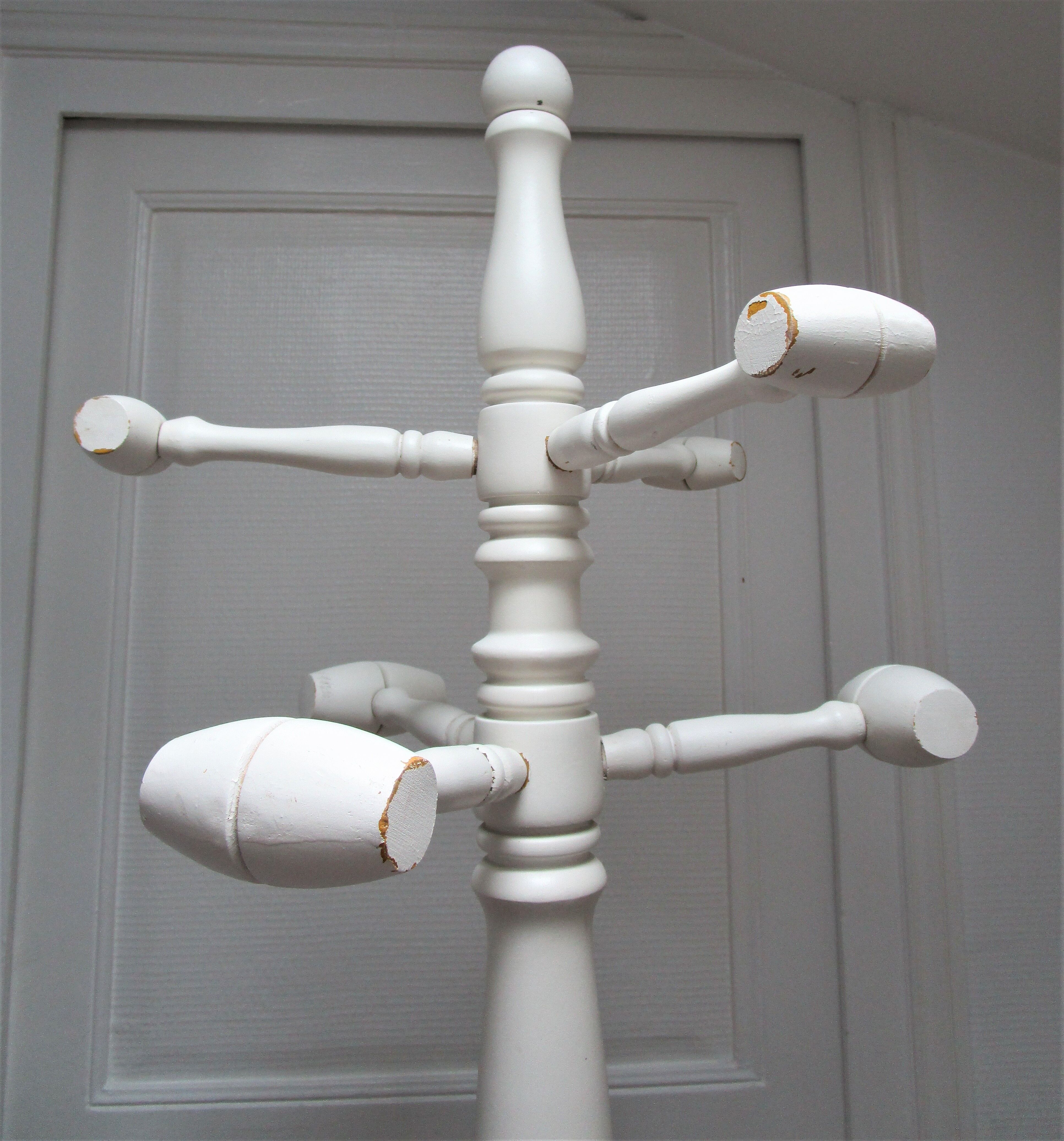 Coat rack parrot solid wood turned white patinated vintage