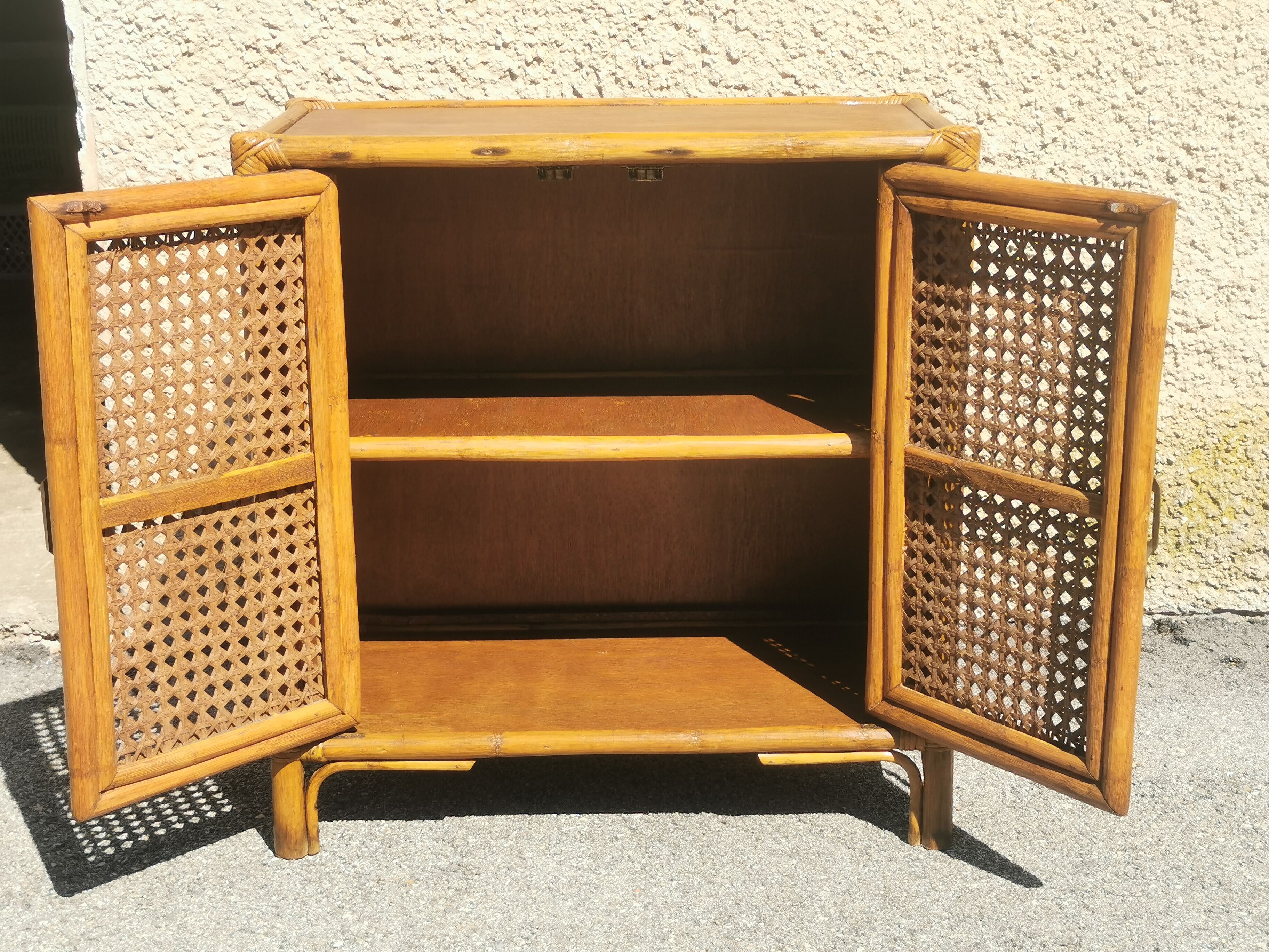 Vintage wood and rattan chest of drawers