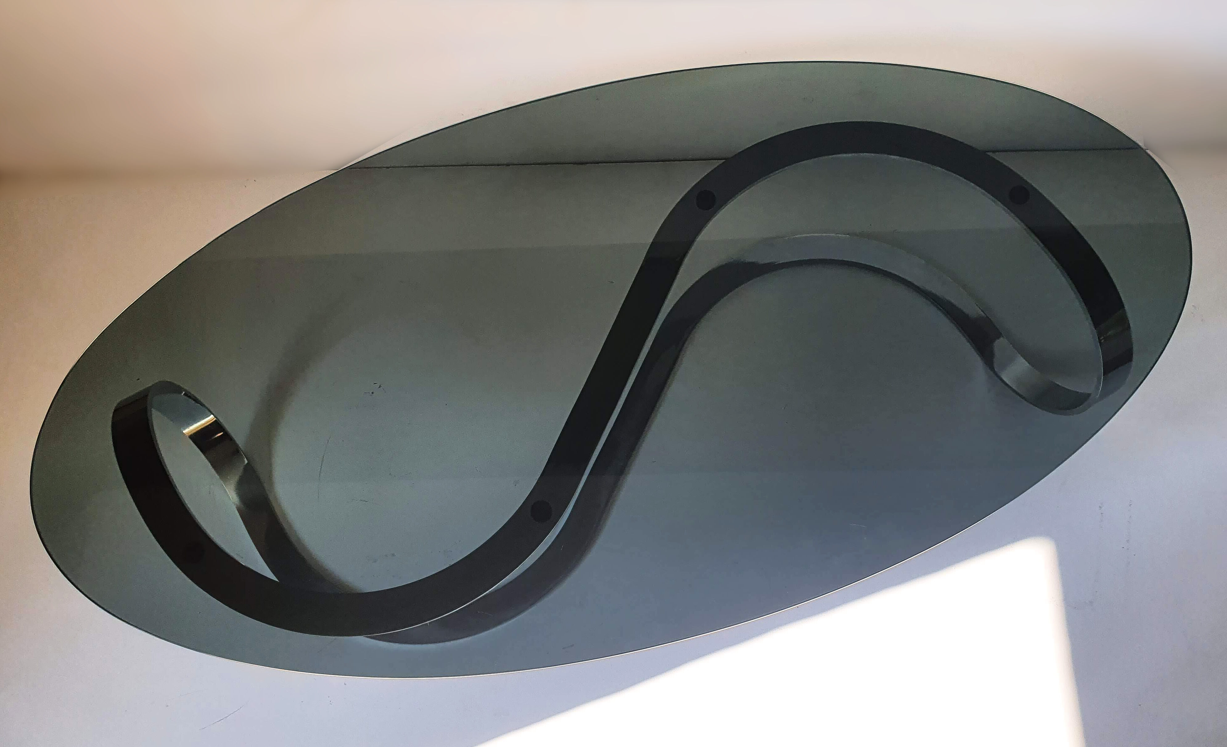Oval coffee table chrome metal and smoked glass 70s