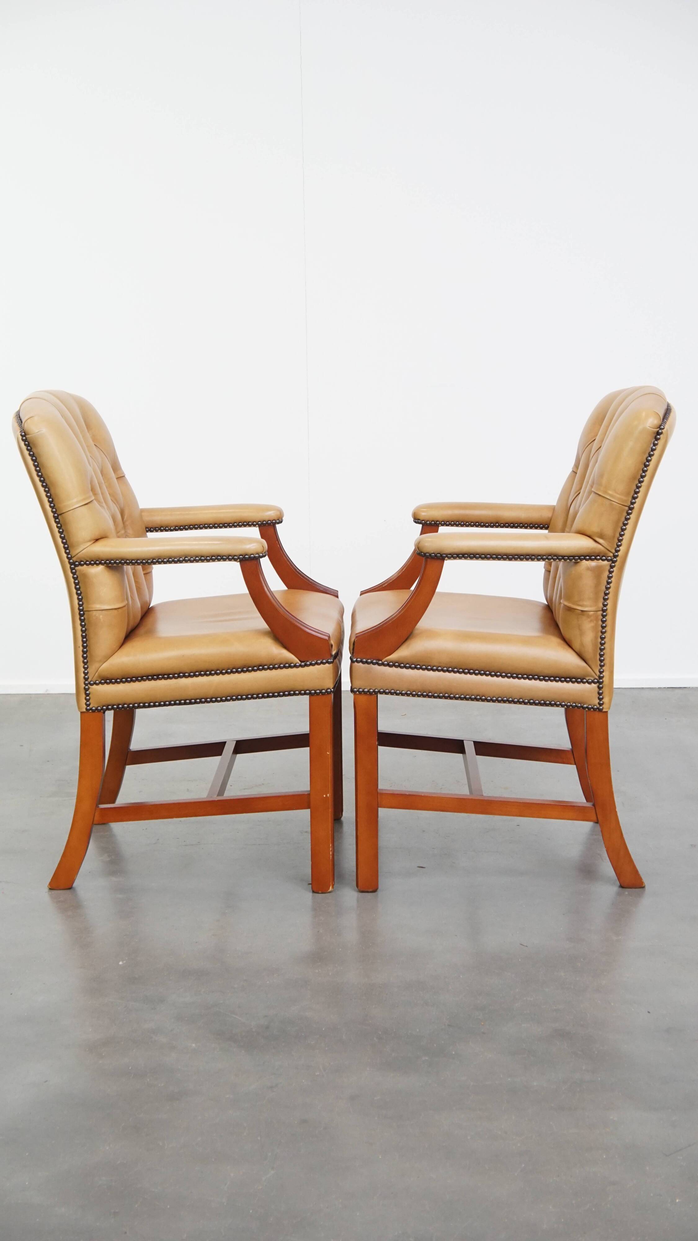 Set of 2 Cowhide Leather Chesterfield Chairs in Light Cognac Color