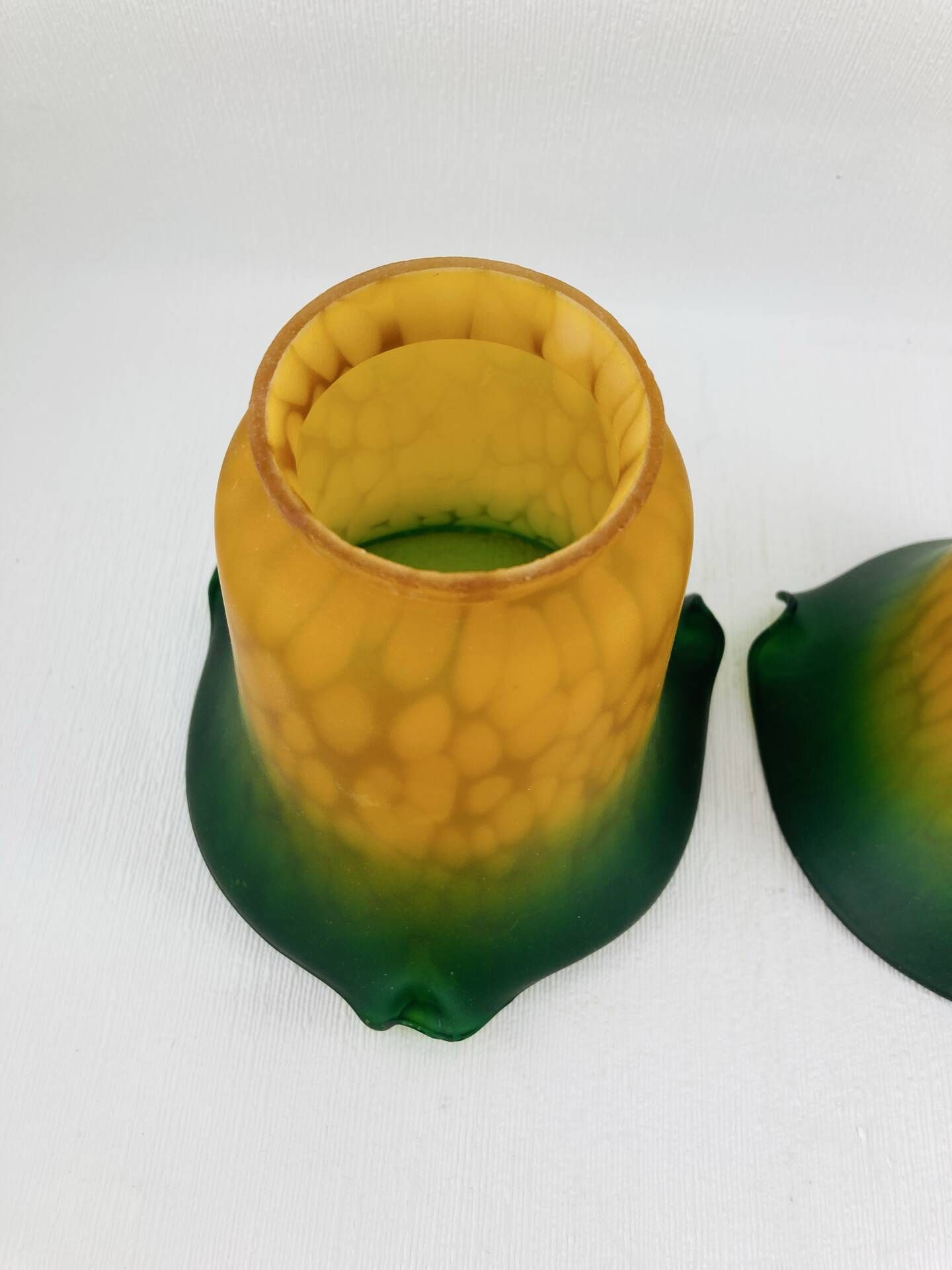 Pair of Antique Art Nouveau Tulips - Speckled Amber Green Glass