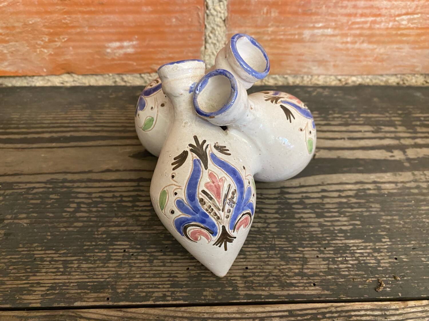 Antique vase with 3 soliflores, chiseled & painted ceramic, vintage