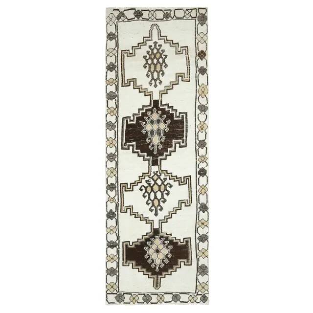 1970s Vintage Turkish Hand-Knotted Wool Cotton White Runner Rug  115x342