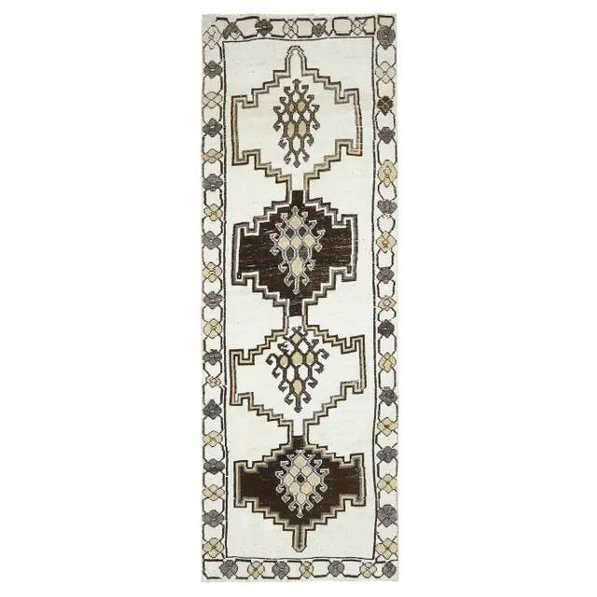 1970s Vintage Turkish Hand-Knotted Wool Cotton White Runner Rug  115x342