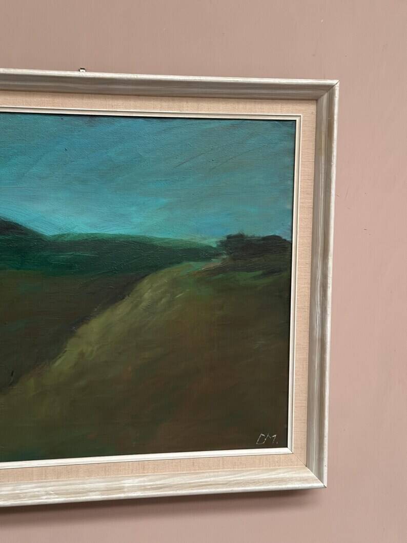 Huile sur toile originale suédoise – "Paysage" par Dina Mortensen – Signé DM – Vintage et encadré – 53 × 45,5 cm (20,9" × 17,9")