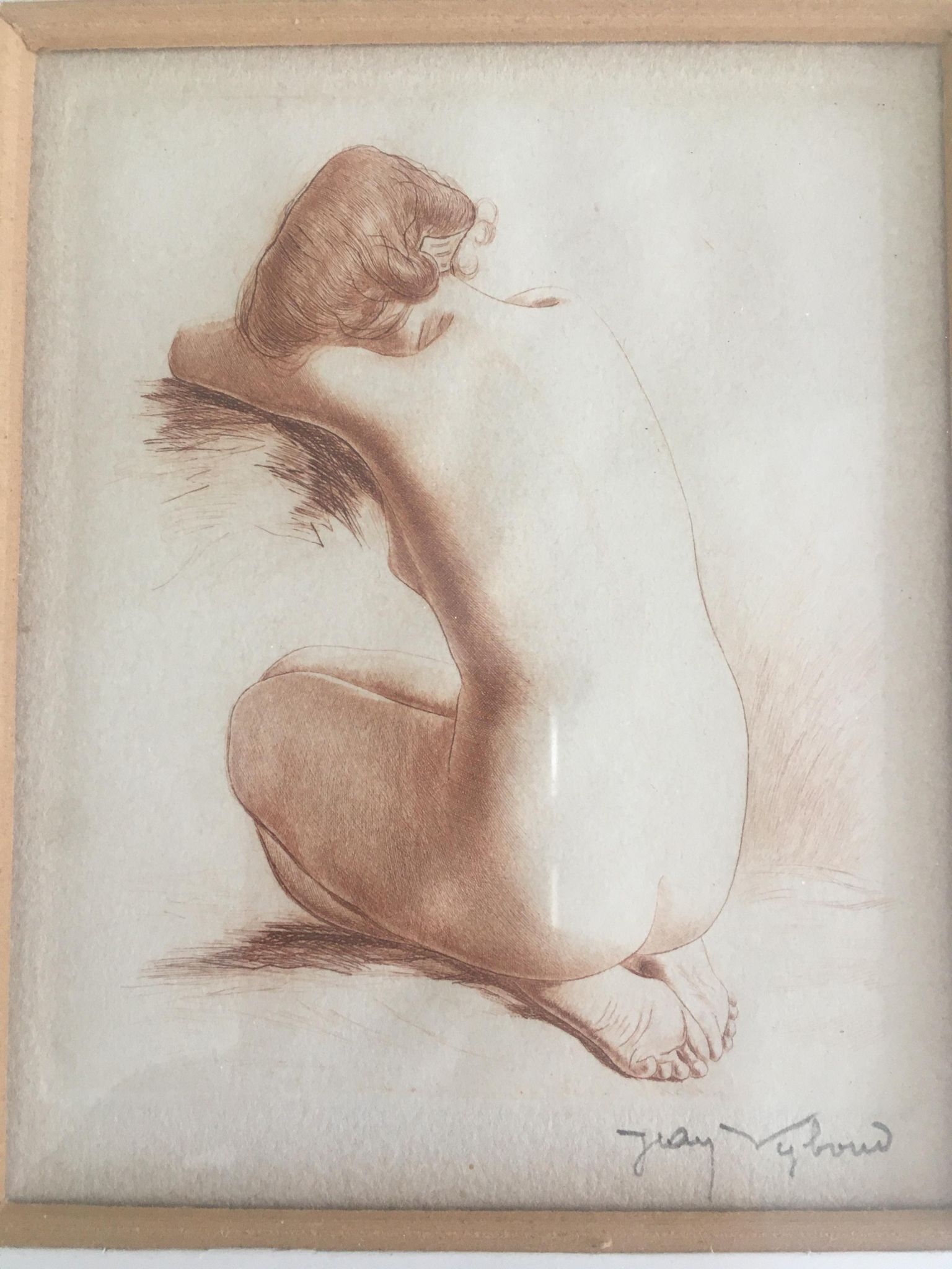 Eaux Forte à la sanguine signed Jean Vyboud 'Femme nue de dos'