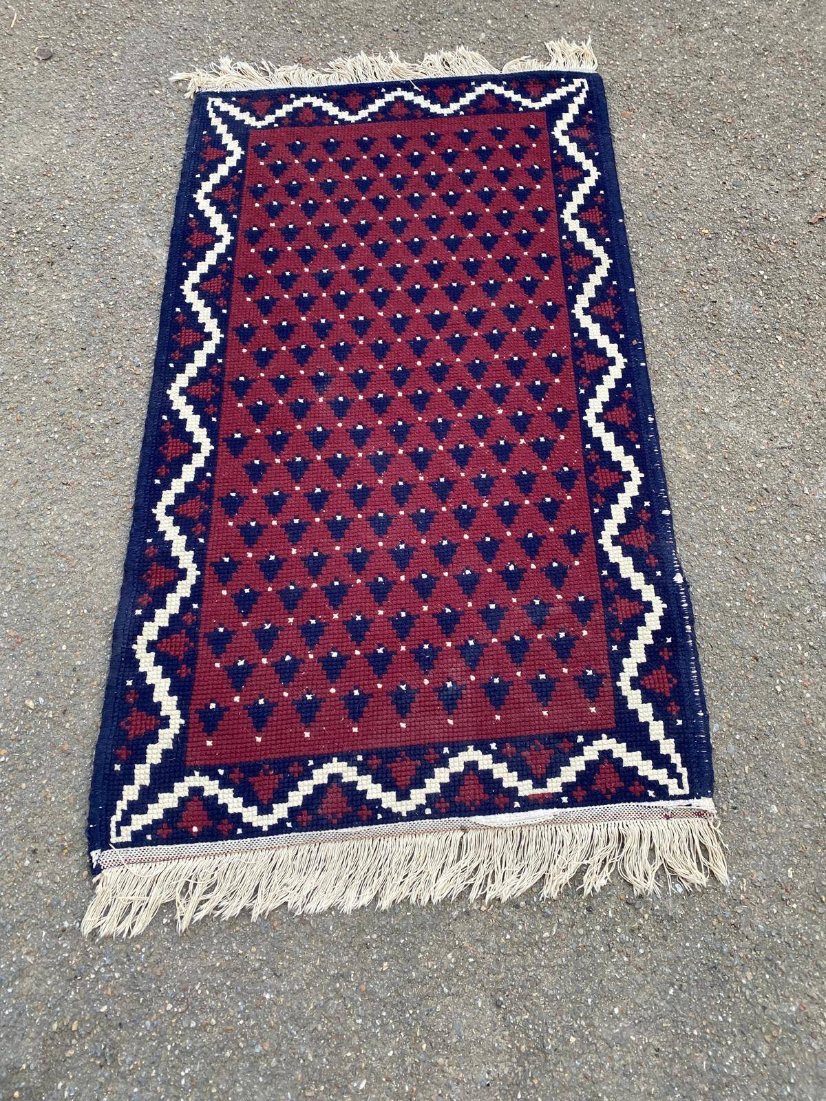 Hand-knotted wool rug 1970 80x140cm burgundy blue