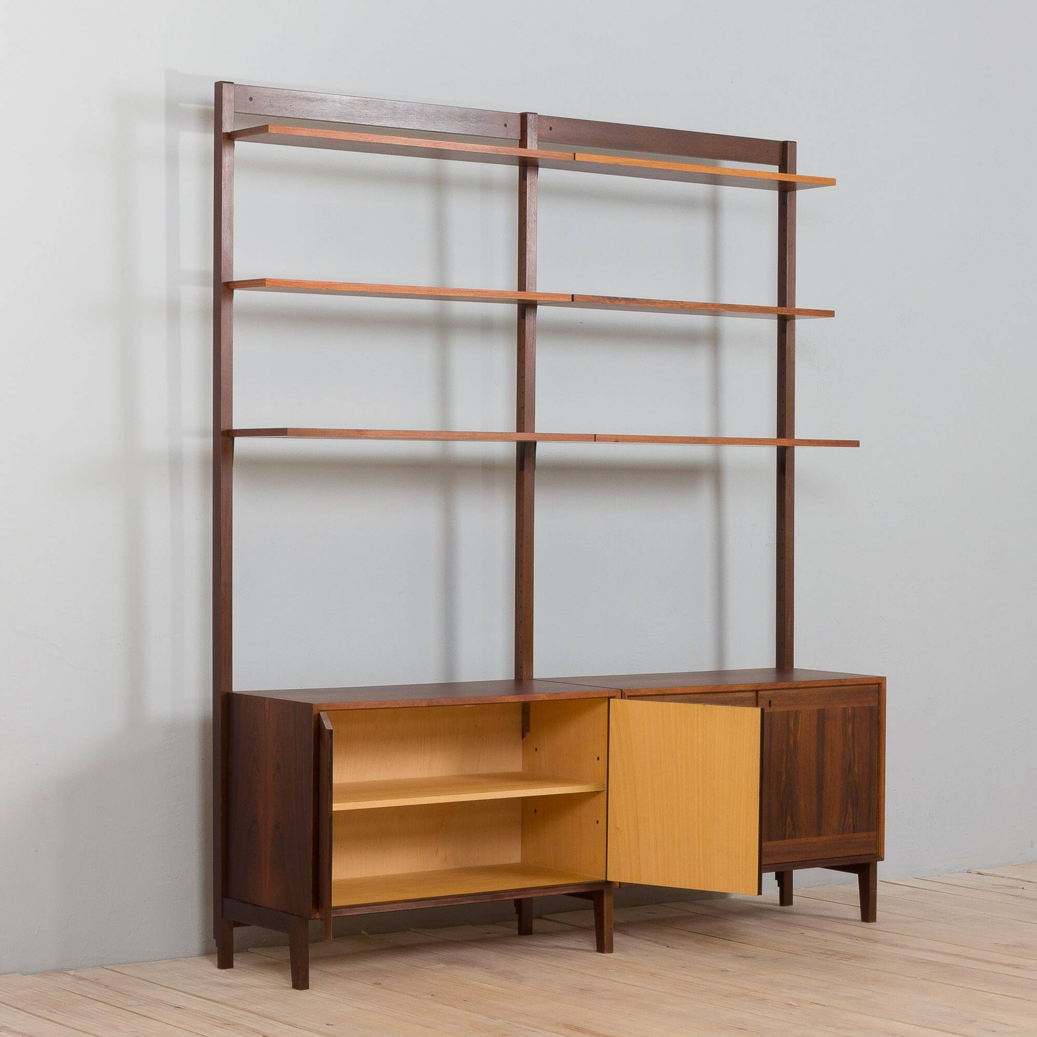 Scandinavian two bay rosewood free-standing wall unit