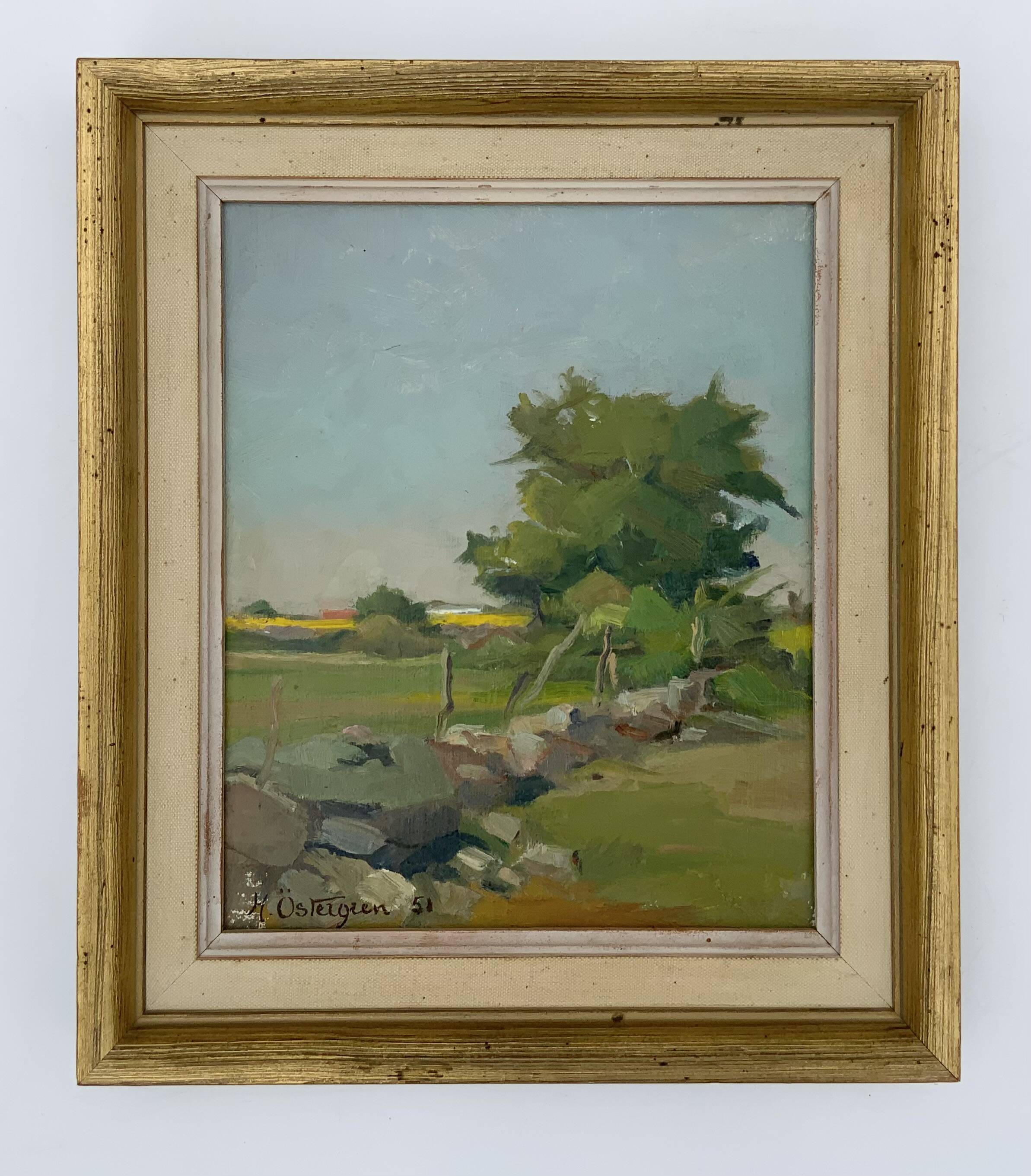 Vintage Modernist Landscape Scene Oil Painting H. Ostergren 1951