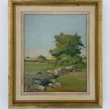 Vintage Modernist Landscape Scene Oil Painting H. Ostergren 1951