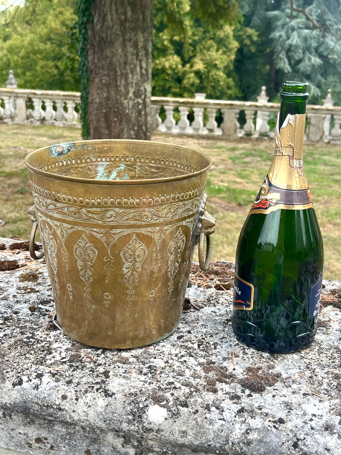 Persian Brass Champagne Bucket, Hand Engraved Ram Head Handles