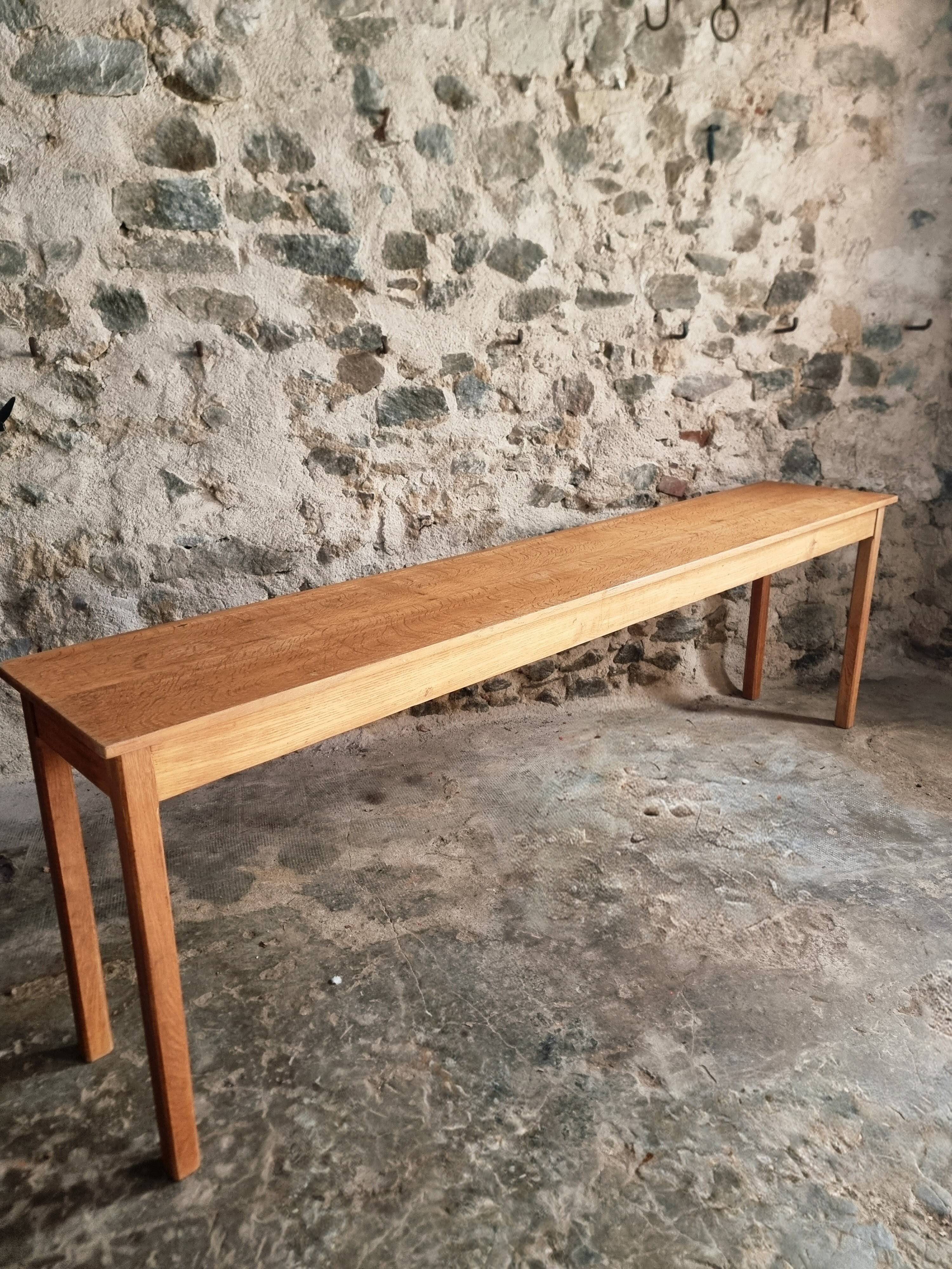 Old French oak console – Long and narrow farmhouse table 241 cm – Vichy hospital workshop from the 1950s