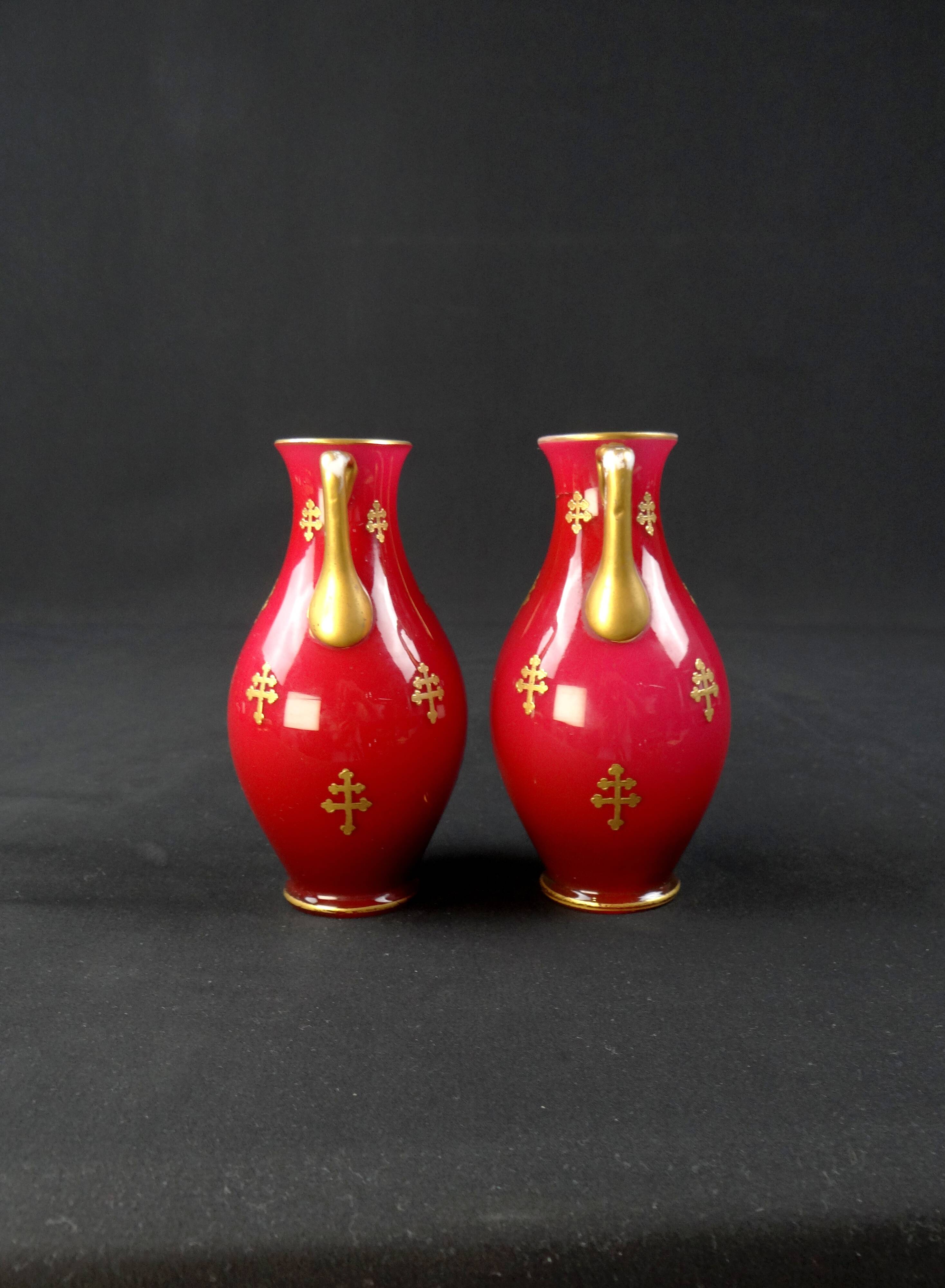 Pair of Baccarat crystal baluster vases decorated with a Lorraine cross
