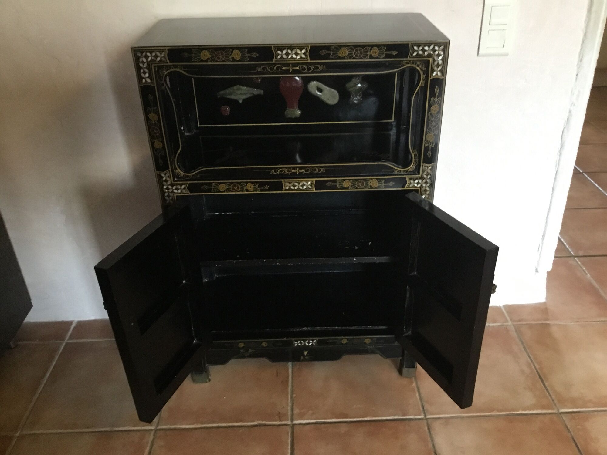 Asian laque furniture embossed motifs mother-of-pearl, stone and other