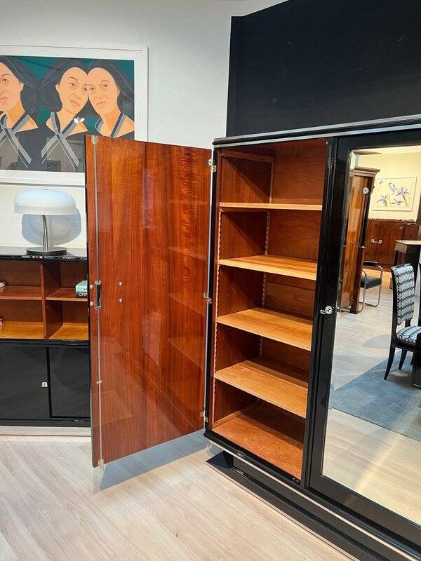 Armoire Art Déco en laque noire, acajou, chrome, France, années 1930