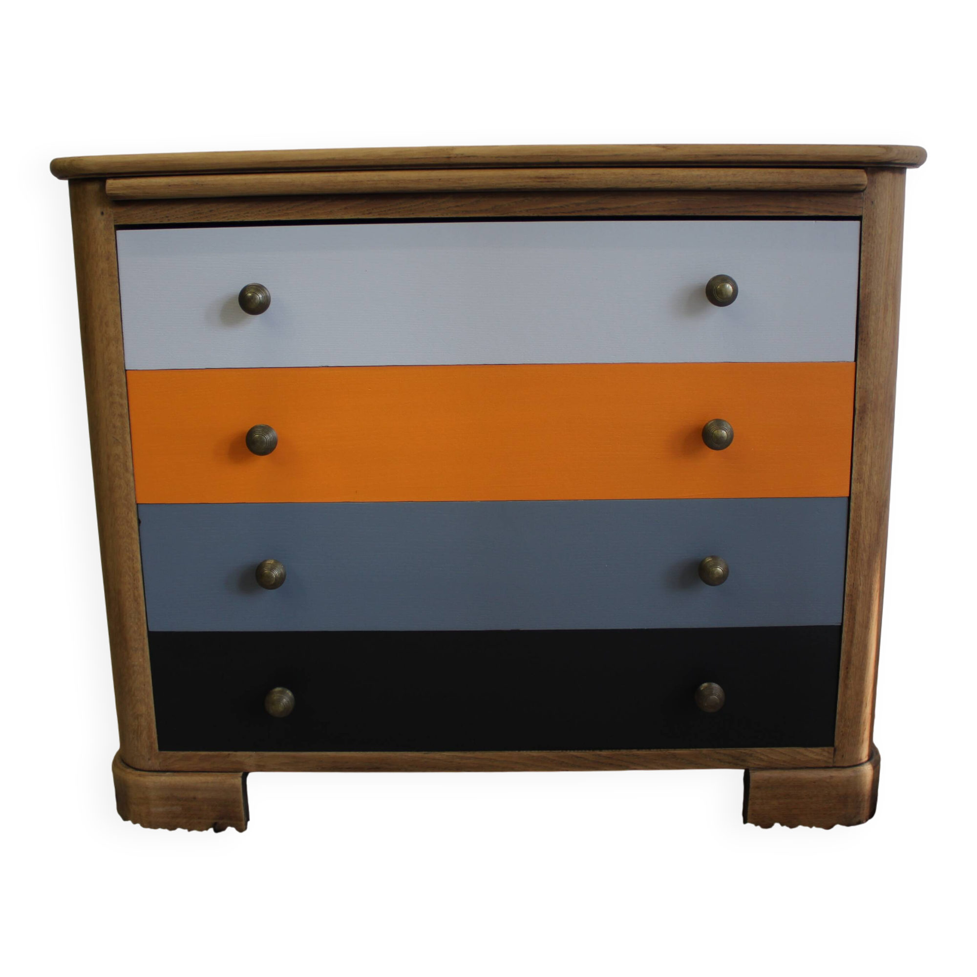 Commode vintage 4 tiroirs bois Grise, orange et bois