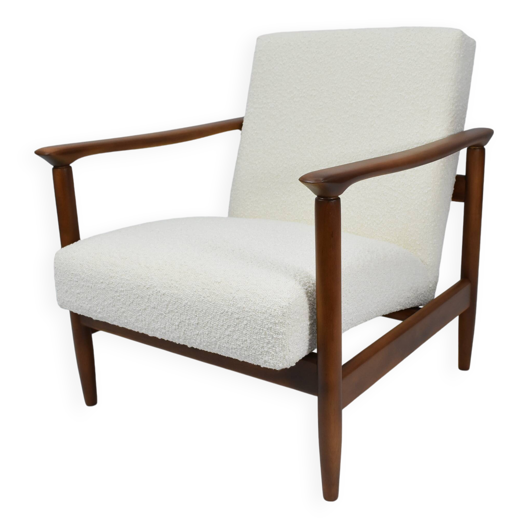 Original vintage armchair, 1960s, designer E.Homma, restored, white bouclé