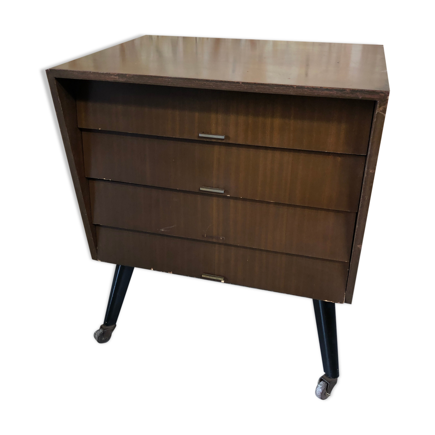 Old chest of drawers 4 drawers wood feet compass black + castors 70s vintage