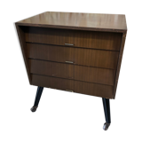 Ancienne commode 4 tiroirs bois pieds compas noir + roulettes années 70 vintage