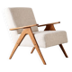 Mid-century modern armchair in solid wood and light beige fabric.