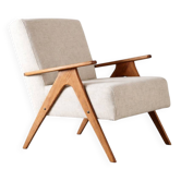 Fauteuil style mid-century moderne en bois massif et tissu beige clair