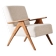 Mid-century modern armchair in solid wood and light beige fabric.