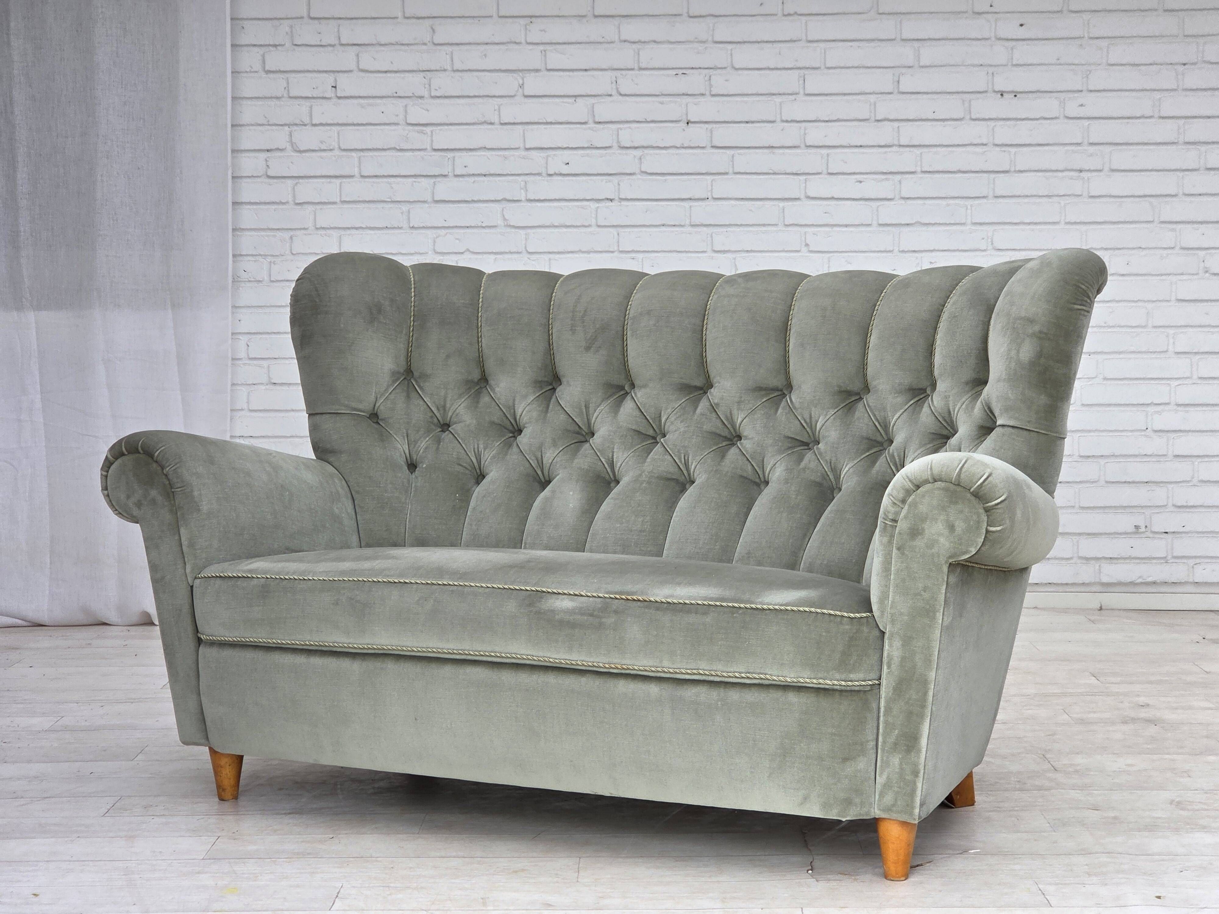 1960s, Danish 2-seater sofa. light green furniture velour.