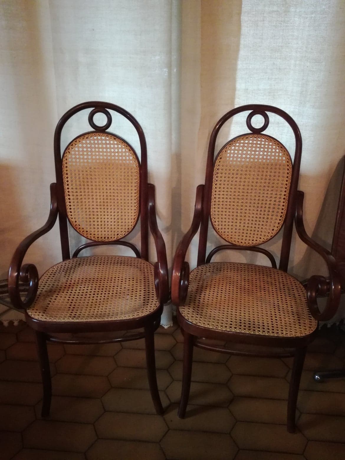 Pair of curved wooden armchairs and caning Thonet N ° 17 or long John 1920