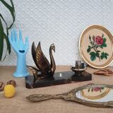 Art Deco swan and white globe table lamp with black marble base