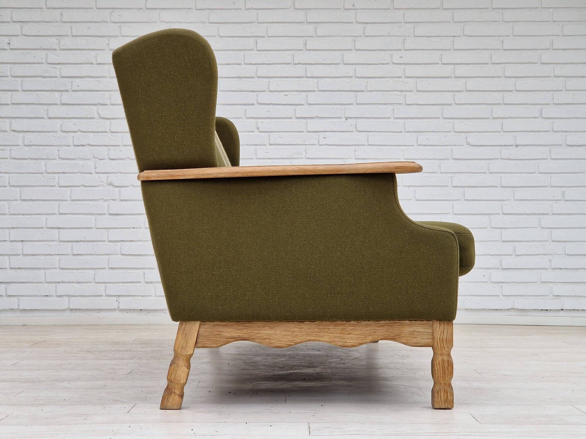 1970s, Danish vintage 3 seater, green fabric, oak wood, original condition.
