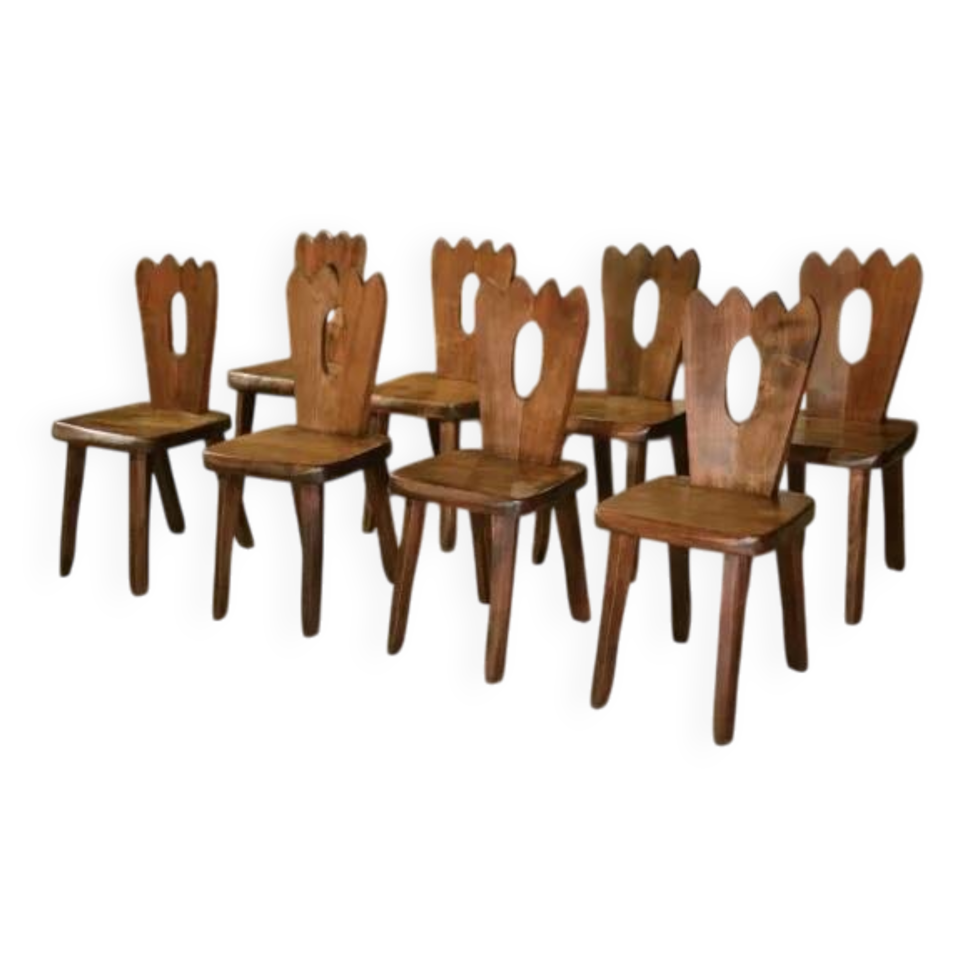 8 chaises brutalistes en orme massif par Aranjou 1950’s