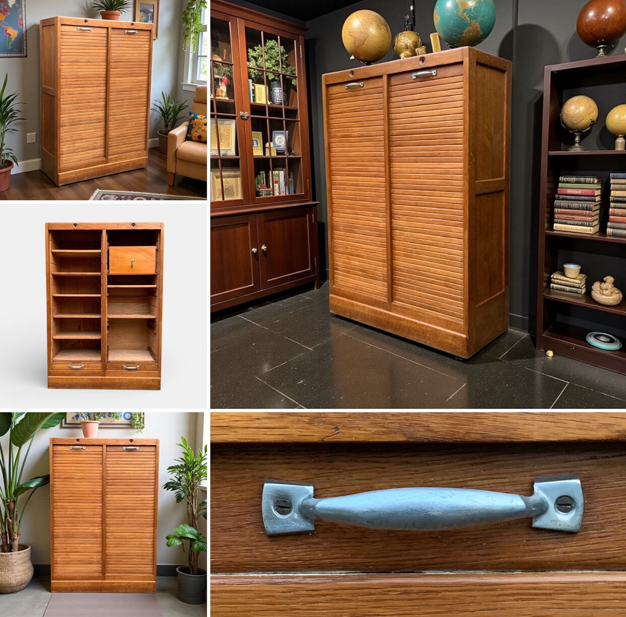 Antique oak tambour door filing cabinet, H120