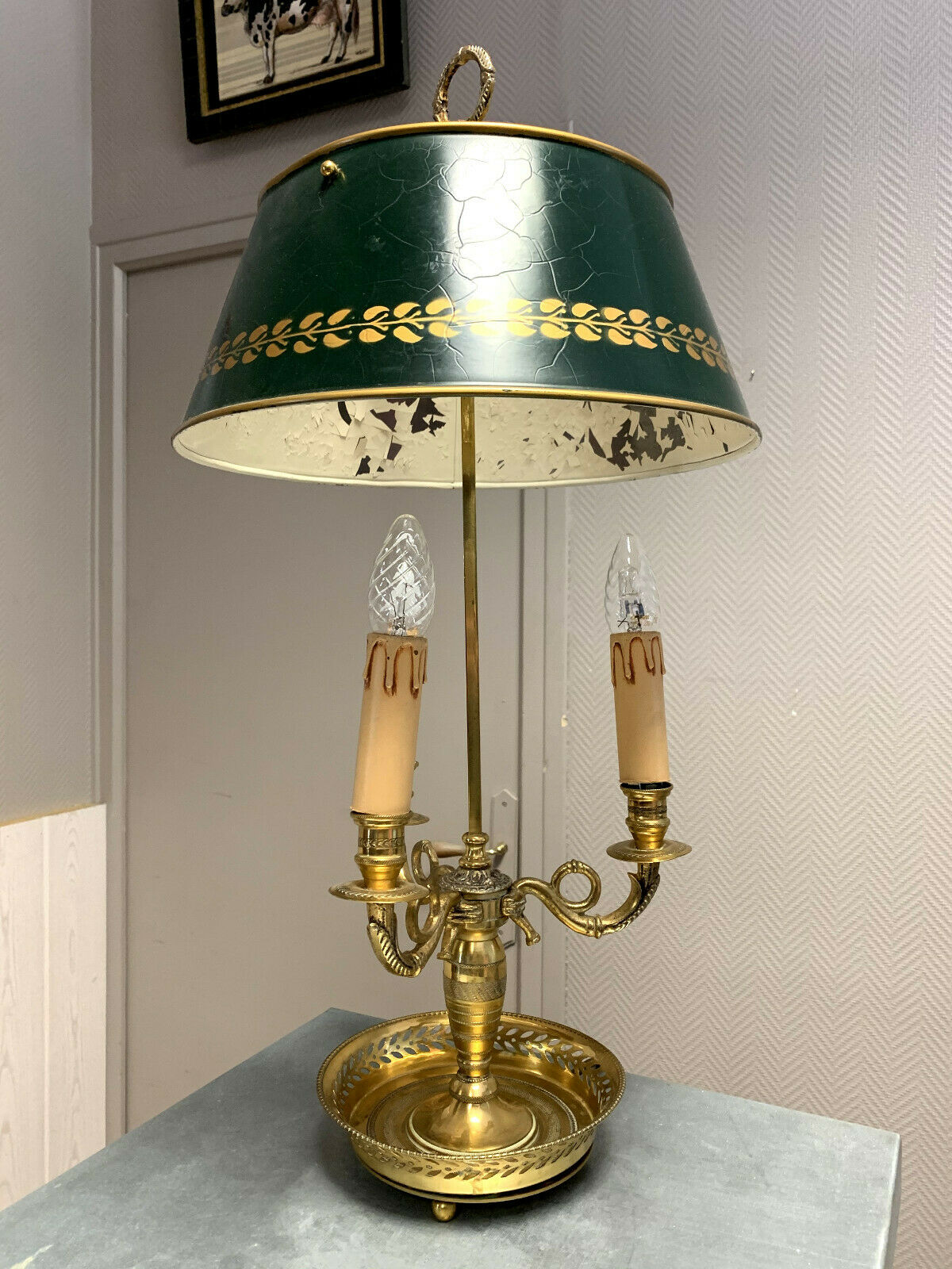 Empire hot water lamp in gilded bronze and painted sheet metal