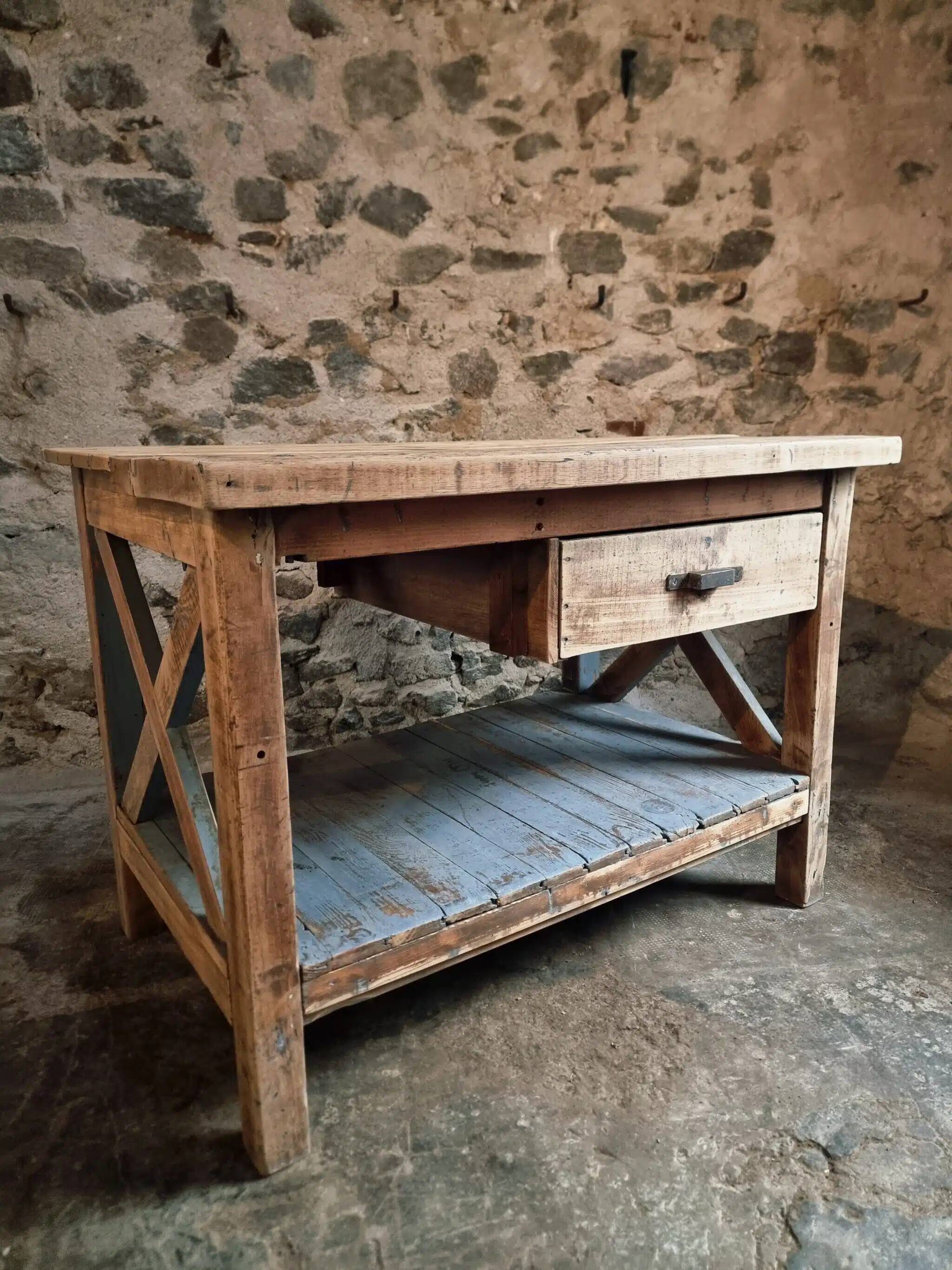 Vintage French industrial workbench – 1920s/1930s oak and pine table with drawer